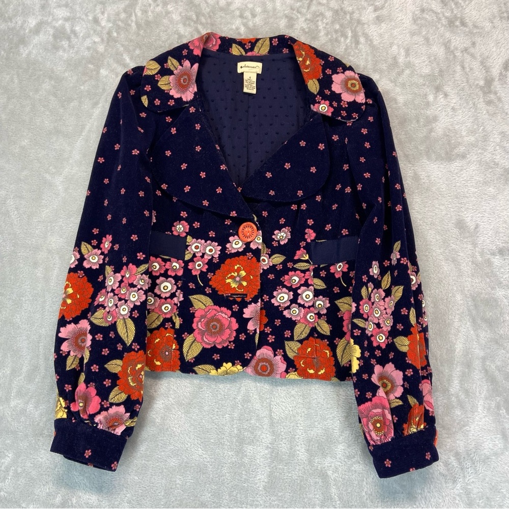 Anthropologie Elevenses Moonlit Petunia Floral Corduroy Blazer Jacket Size 4